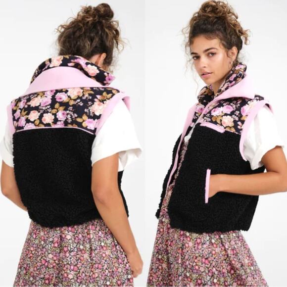 NWT NEW For Love And Lemons Faux Shearling Floral Puffer Vest - Picture 2 of 12